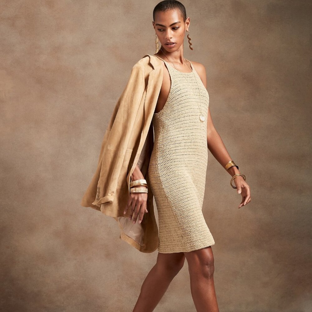 Banana Republic Khaki Crochet Mini Dress Size Large Tall